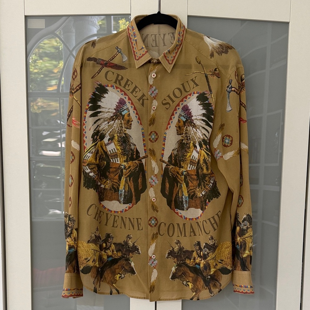 D&G Tan Western-Style Button-Up Shirt with Multicolor Collar Detail